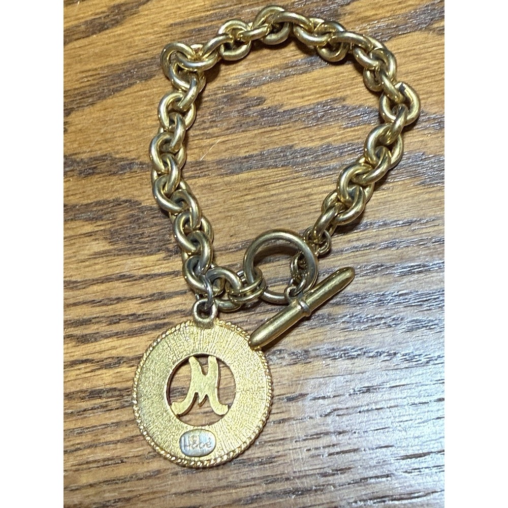 Signed Hobe Gold Tone Chain Link Bracelet "M" Pendant Charm